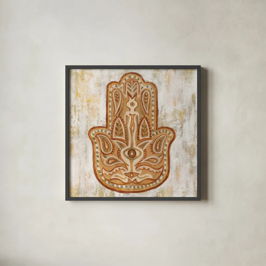 Hamsa by Silvia Vassileva. Shown in a sleek black glass frame for a contemporary gallery look. Available as an archival giclee rolled canvas, fine art paper, or poster print. SKU 64159a.