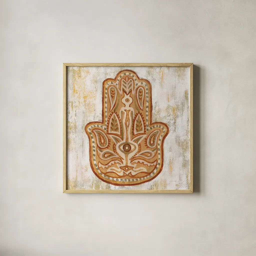 Hamsa by Silvia Vassileva. Shown in a natural wood glass frame for a timeless modern aesthetic. Available as an archival giclee rolled canvas, fine art paper, or poster print. SKU 64159a.