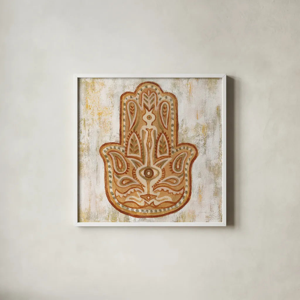 Hamsa by Silvia Vassileva. Shown in a crisp white glass frame for a clean and minimalist style. Available as an archival giclee rolled canvas, fine art paper, or poster print. SKU 64159a.