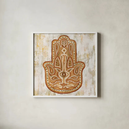 Hamsa by Silvia Vassileva. Shown in a crisp white glass frame for a clean and minimalist style. Available as an archival giclee rolled canvas, fine art paper, or poster print. SKU 64159a.