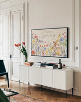 Happy Easter I by Silvia Vassileva. shown as a framed stretched canvas in a living room above a console. Available as a archival giclee rolled canvas, fine art paper, or poster print. SKU 69788i.