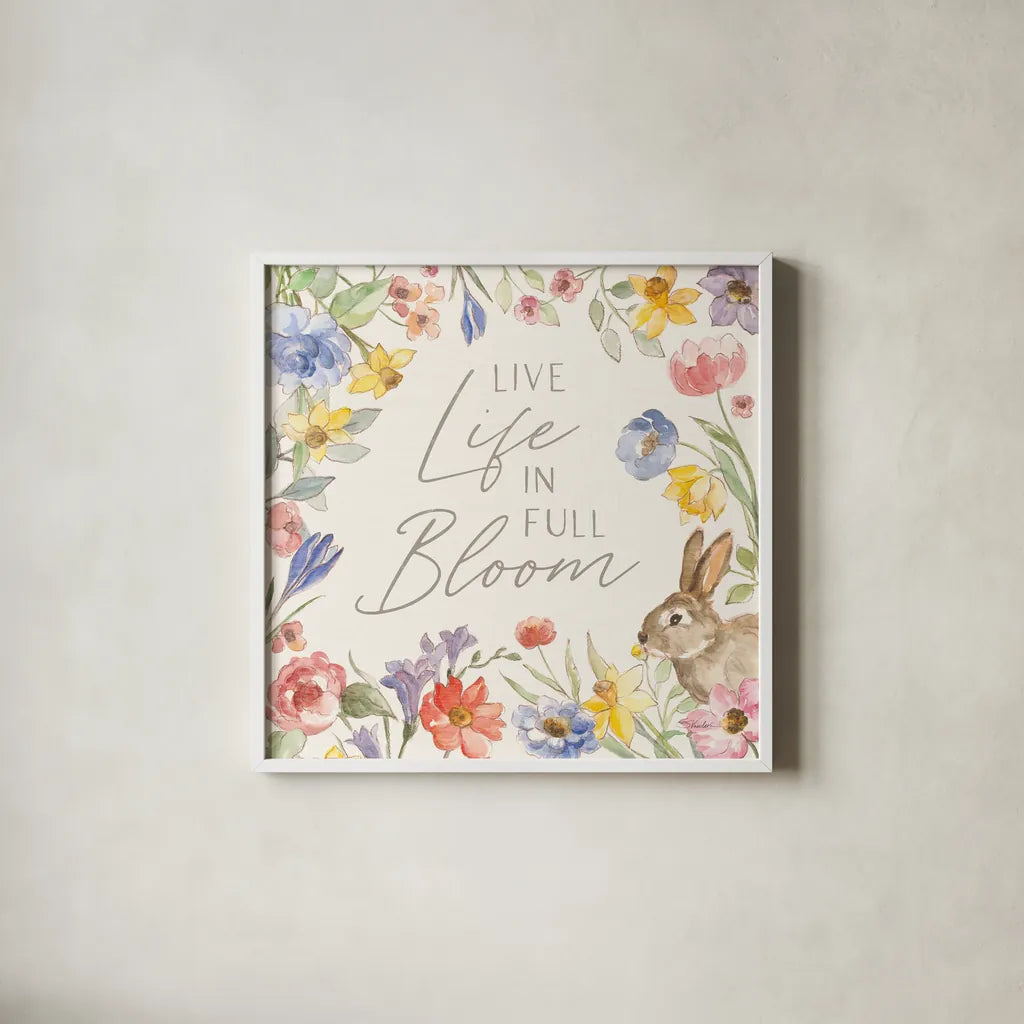 Happy Easter II by Silvia Vassileva. Shown in a crisp white glass frame for a clean and minimalist style. Available as an archival giclee rolled canvas, fine art paper, or poster print. SKU 69789a.