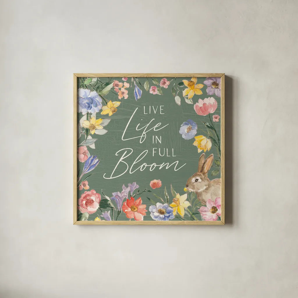 Happy Easter II Sage by Silvia Vassileva. Shown in a natural wood glass frame for a timeless modern aesthetic. Available as an archival giclee rolled canvas, fine art paper, or poster print. SKU 70510a.