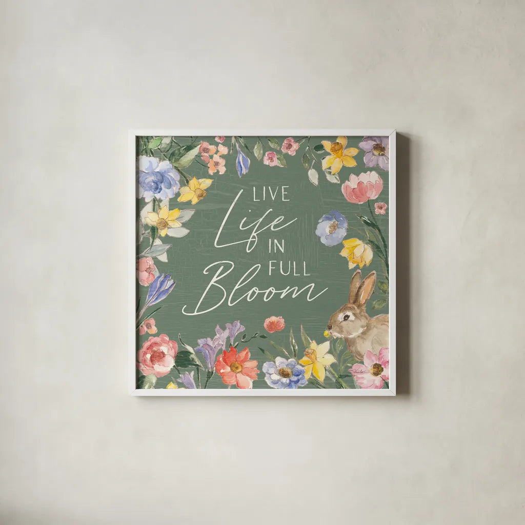 Happy Easter II Sage by Silvia Vassileva. Shown in a crisp white glass frame for a clean and minimalist style. Available as an archival giclee rolled canvas, fine art paper, or poster print. SKU 70510a.