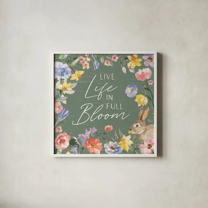 Happy Easter II Sage by Silvia Vassileva. Shown in a crisp white glass frame for a clean and minimalist style. Available as an archival giclee rolled canvas, fine art paper, or poster print. SKU 70510a.