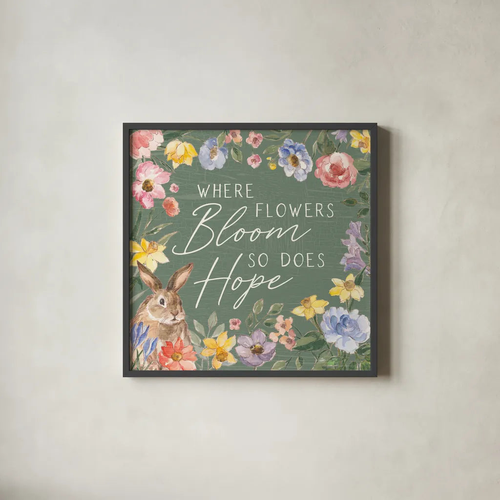 Happy Easter III Sage by Silvia Vassileva. Shown in a sleek black glass frame for a contemporary gallery look. Available as an archival giclee rolled canvas, fine art paper, or poster print. SKU 70511a.