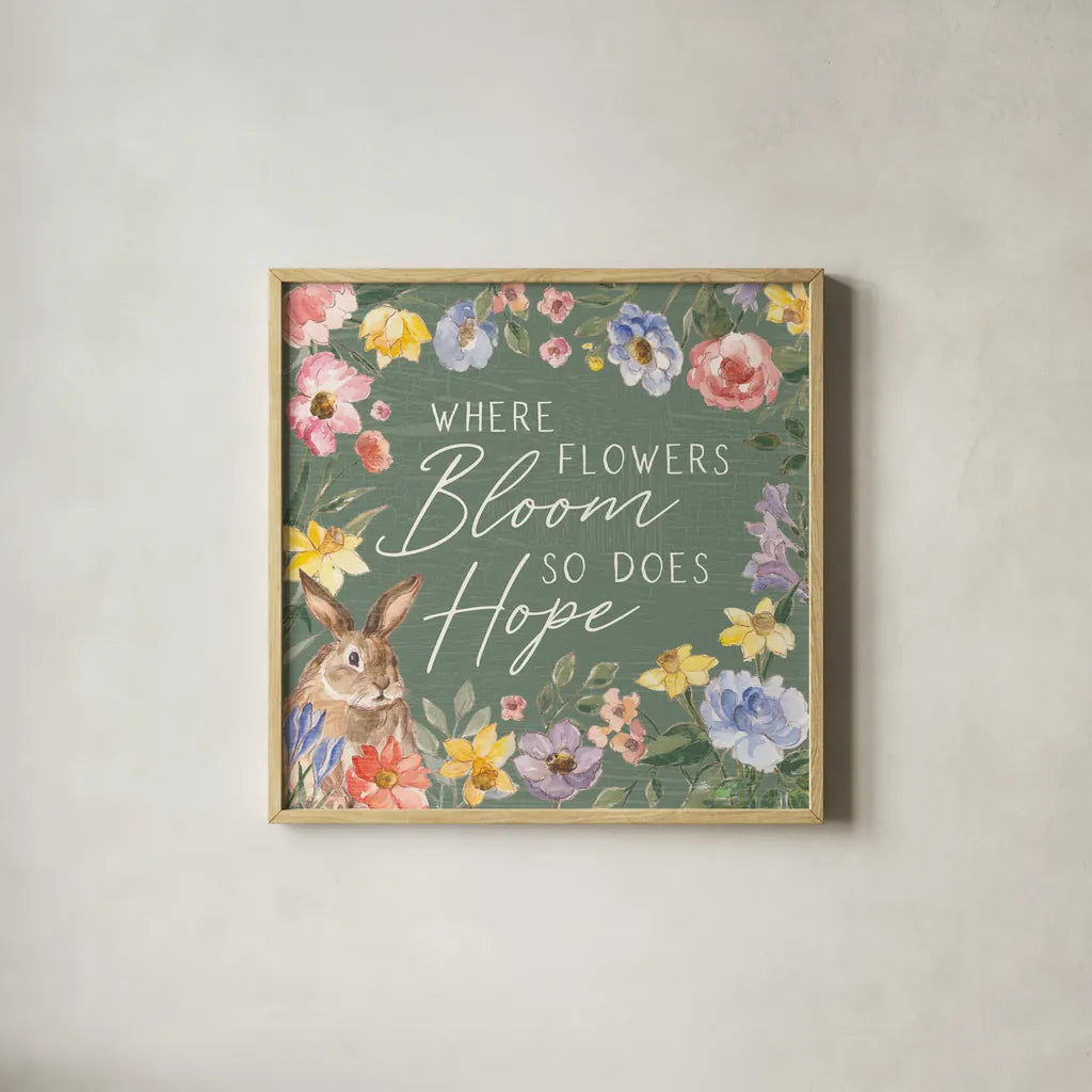 Happy Easter III Sage by Silvia Vassileva. Shown in a natural wood glass frame for a timeless modern aesthetic. Available as an archival giclee rolled canvas, fine art paper, or poster print. SKU 70511a.