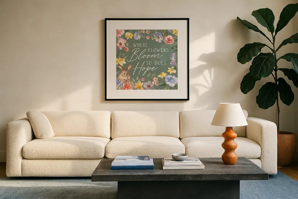 Happy Easter III Sage by Silvia Vassileva. Displayed in a glass frame with matte in a clean modern living room. Available as an archival giclee rolled canvas, fine art paper, or poster print. SKU 70511a.