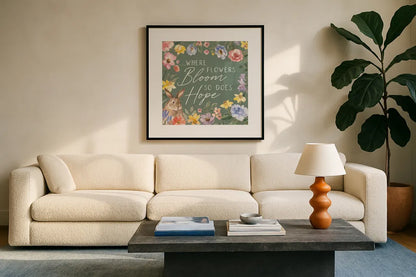 Happy Easter III Sage by Silvia Vassileva. Displayed in a glass frame with matte in a clean modern living room. Available as an archival giclee rolled canvas, fine art paper, or poster print. SKU 70511a.