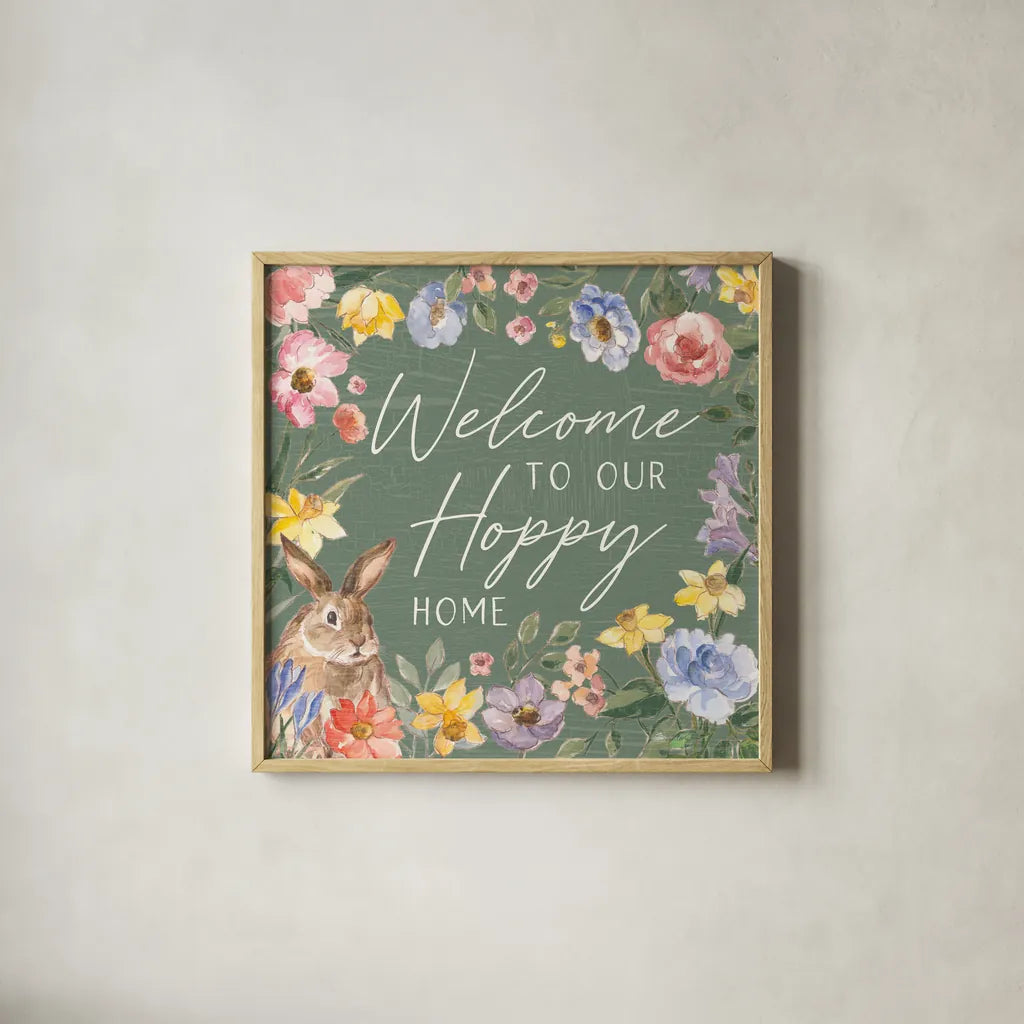 Happy Easter III Sage v2 by Silvia Vassileva. Shown in a natural wood glass frame for a timeless modern aesthetic. Available as an archival giclee rolled canvas, fine art paper, or poster print. SKU 97387a.