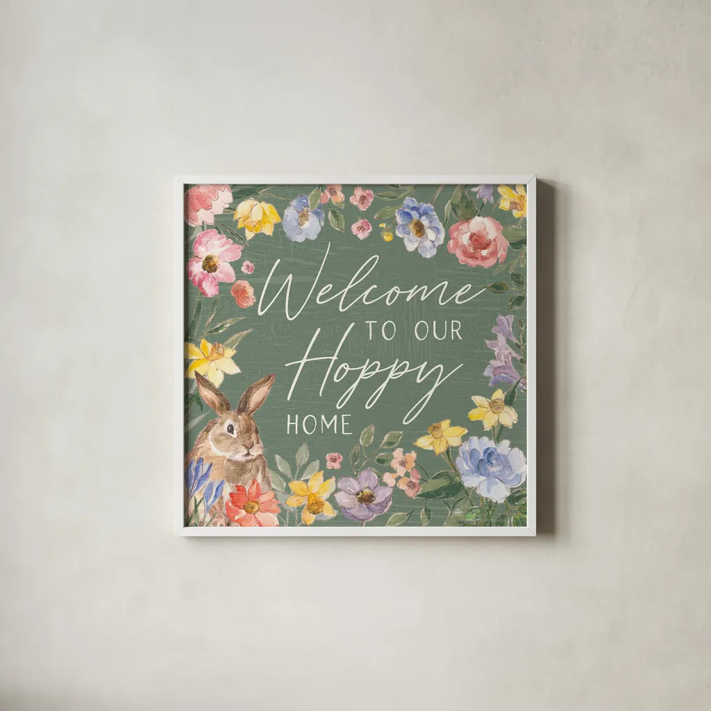 Happy Easter III Sage v2 by Silvia Vassileva. Shown in a crisp white glass frame for a clean and minimalist style. Available as an archival giclee rolled canvas, fine art paper, or poster print. SKU 97387a.