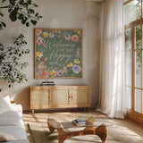 Happy Easter III Sage v2 by Silvia Vassileva. Shown in a natural wood frame in a cozy modern living room. Available as an archival giclee rolled canvas, fine art paper, or poster print. SKU 97387a.