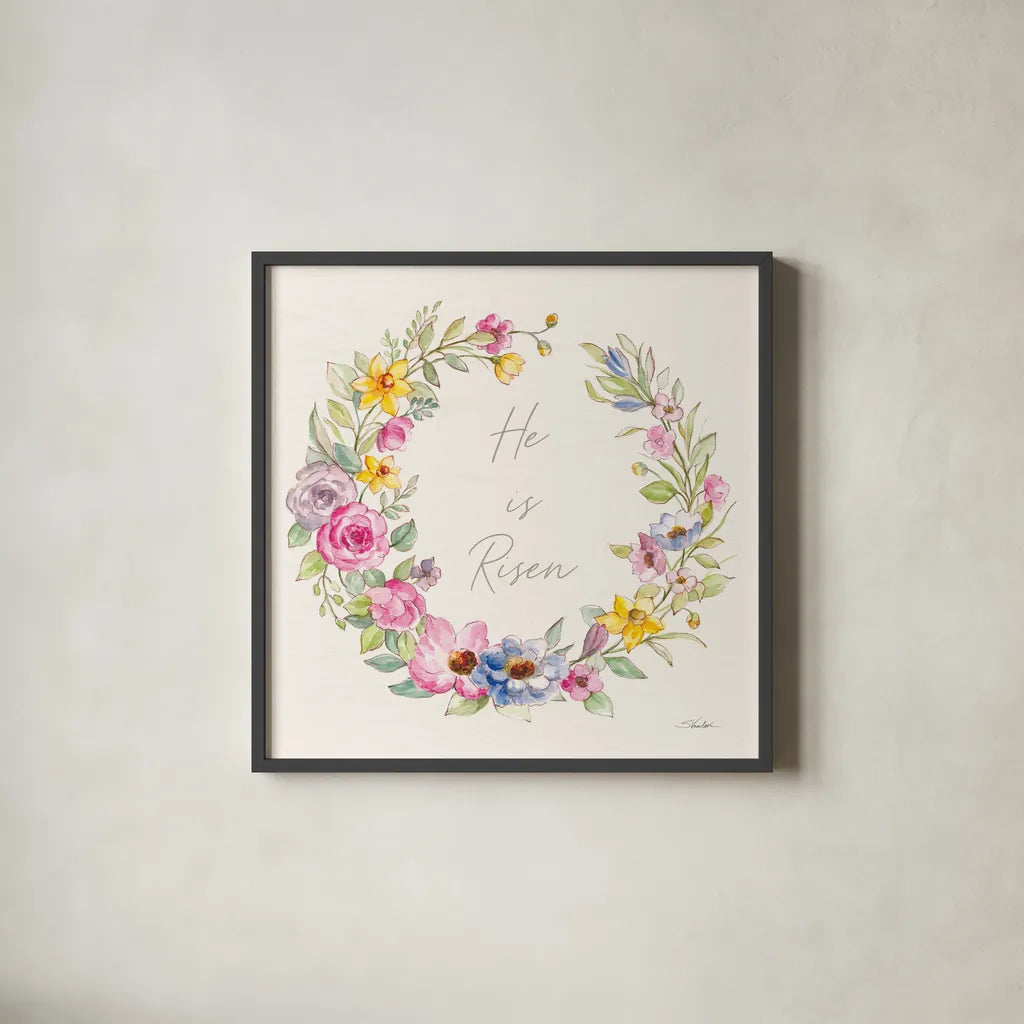 Happy Easter IV Risen by Silvia Vassileva. Shown in a sleek black glass frame for a contemporary gallery look. Available as an archival giclee rolled canvas, fine art paper, or poster print. SKU 71498a.