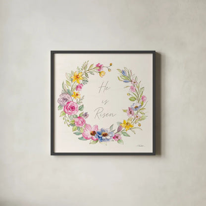 Happy Easter IV Risen by Silvia Vassileva. Shown in a sleek black glass frame for a contemporary gallery look. Available as an archival giclee rolled canvas, fine art paper, or poster print. SKU 71498a.