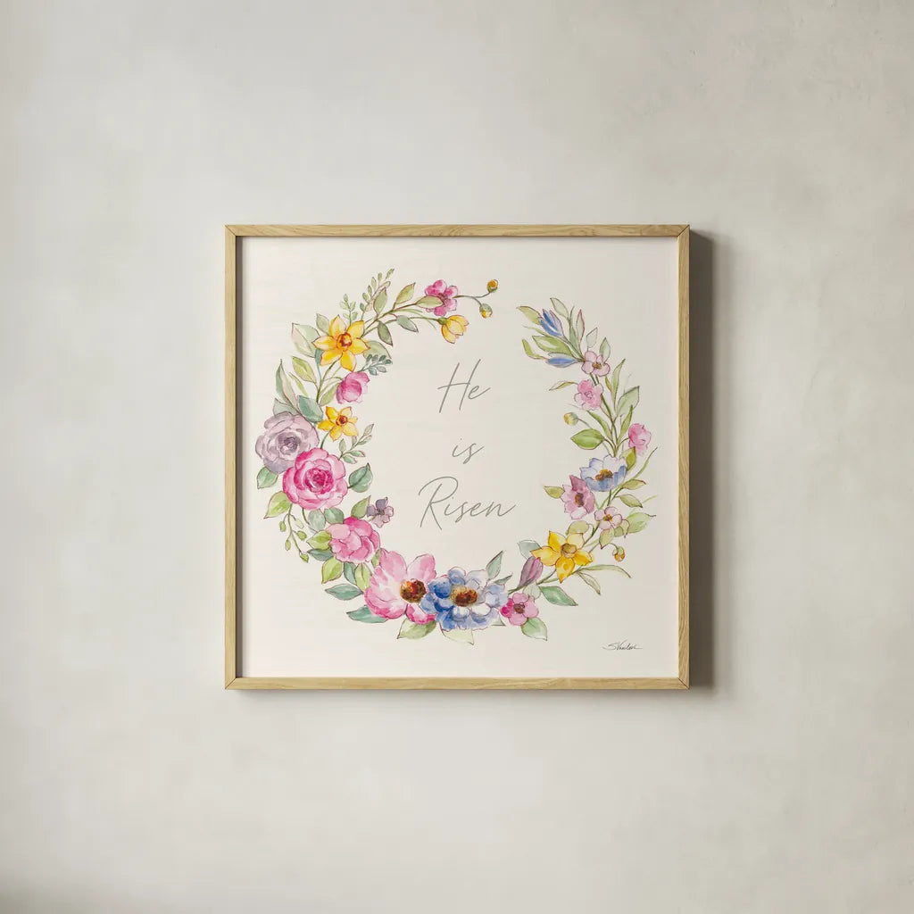 Happy Easter IV Risen by Silvia Vassileva. Shown in a natural wood glass frame for a timeless modern aesthetic. Available as an archival giclee rolled canvas, fine art paper, or poster print. SKU 71498a.