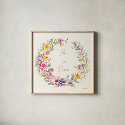 Happy Easter IV Risen by Silvia Vassileva. Shown in a natural wood glass frame for a timeless modern aesthetic. Available as an archival giclee rolled canvas, fine art paper, or poster print. SKU 71498a.