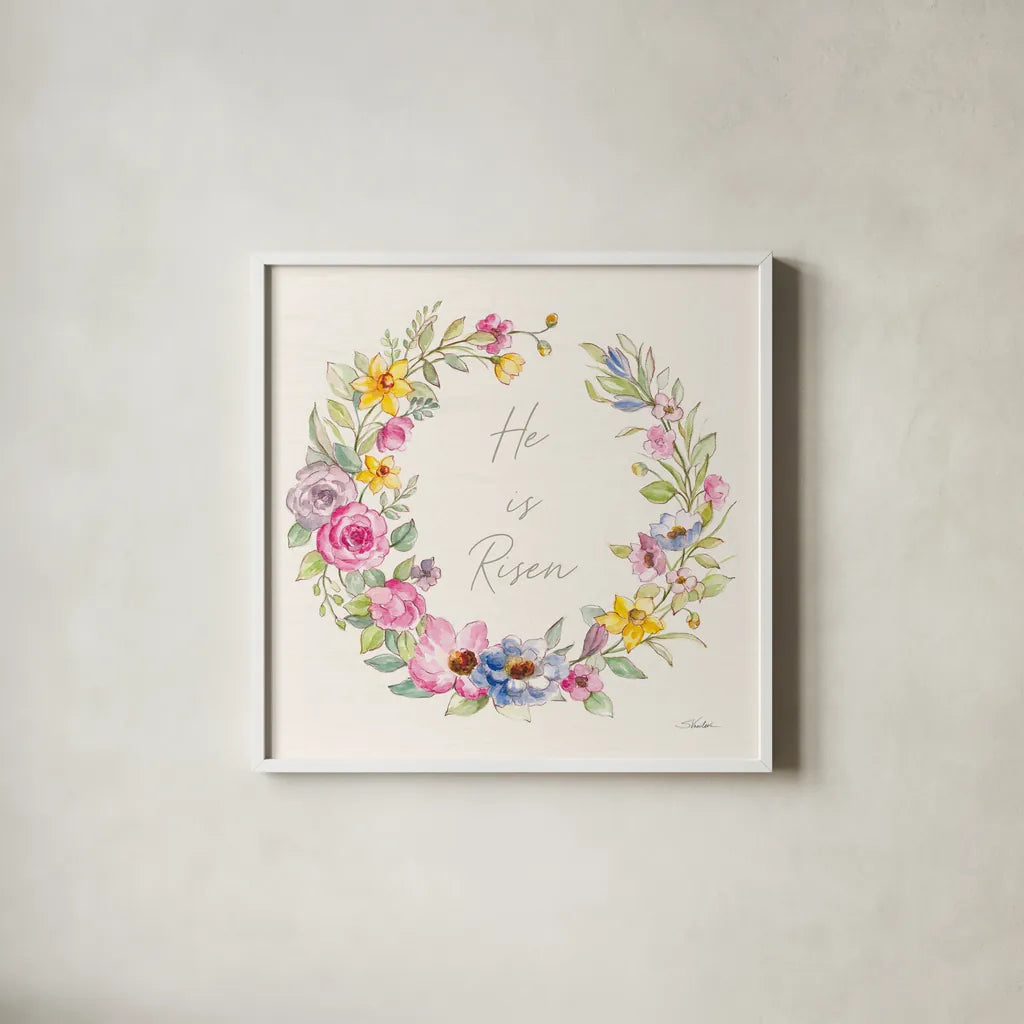 Happy Easter IV Risen by Silvia Vassileva. Shown in a crisp white glass frame for a clean and minimalist style. Available as an archival giclee rolled canvas, fine art paper, or poster print. SKU 71498a.