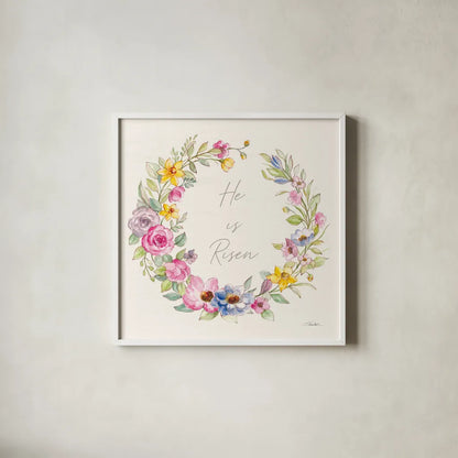 Happy Easter IV Risen by Silvia Vassileva. Shown in a crisp white glass frame for a clean and minimalist style. Available as an archival giclee rolled canvas, fine art paper, or poster print. SKU 71498a.