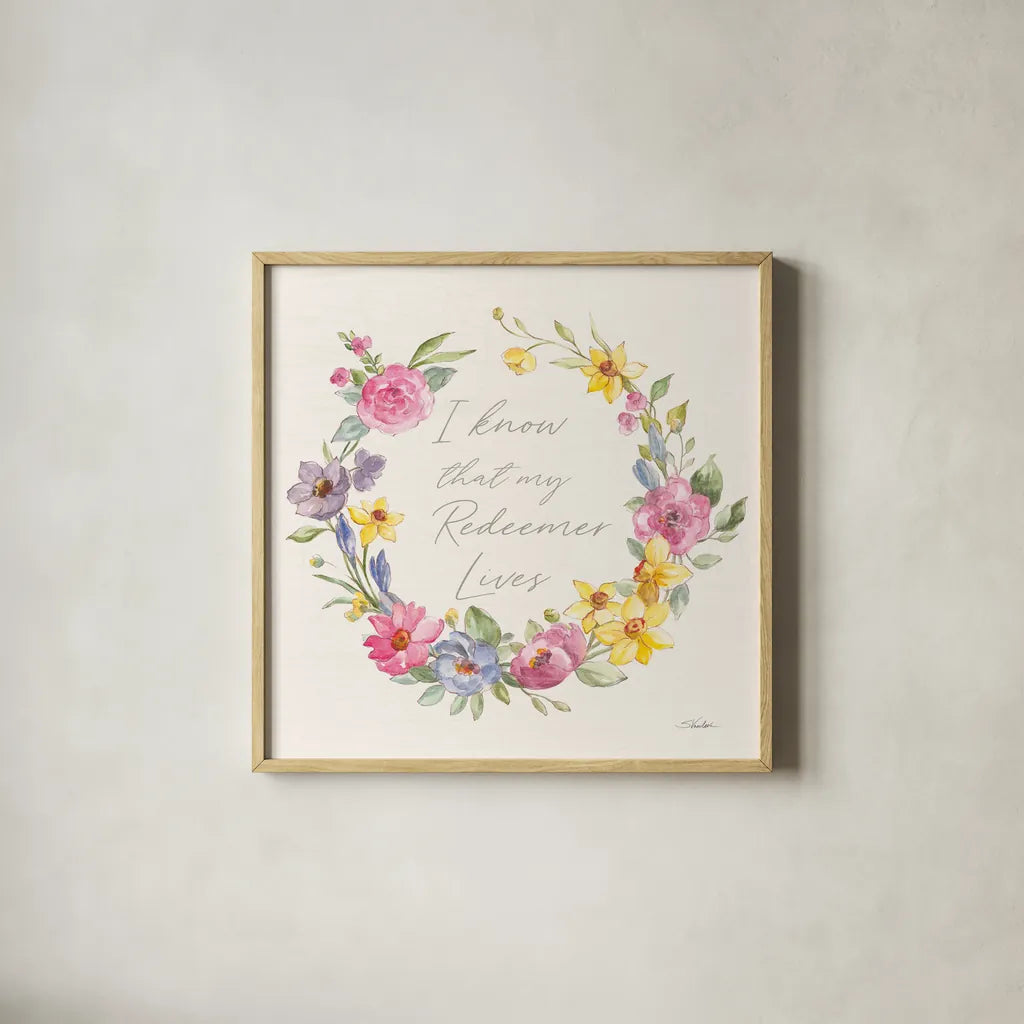 Happy Easter V Redeemer by Silvia Vassileva. Shown in a natural wood glass frame for a timeless modern aesthetic. Available as an archival giclee rolled canvas, fine art paper, or poster print. SKU 71499a.