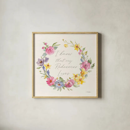 Happy Easter V Redeemer by Silvia Vassileva. Shown in a natural wood glass frame for a timeless modern aesthetic. Available as an archival giclee rolled canvas, fine art paper, or poster print. SKU 71499a.