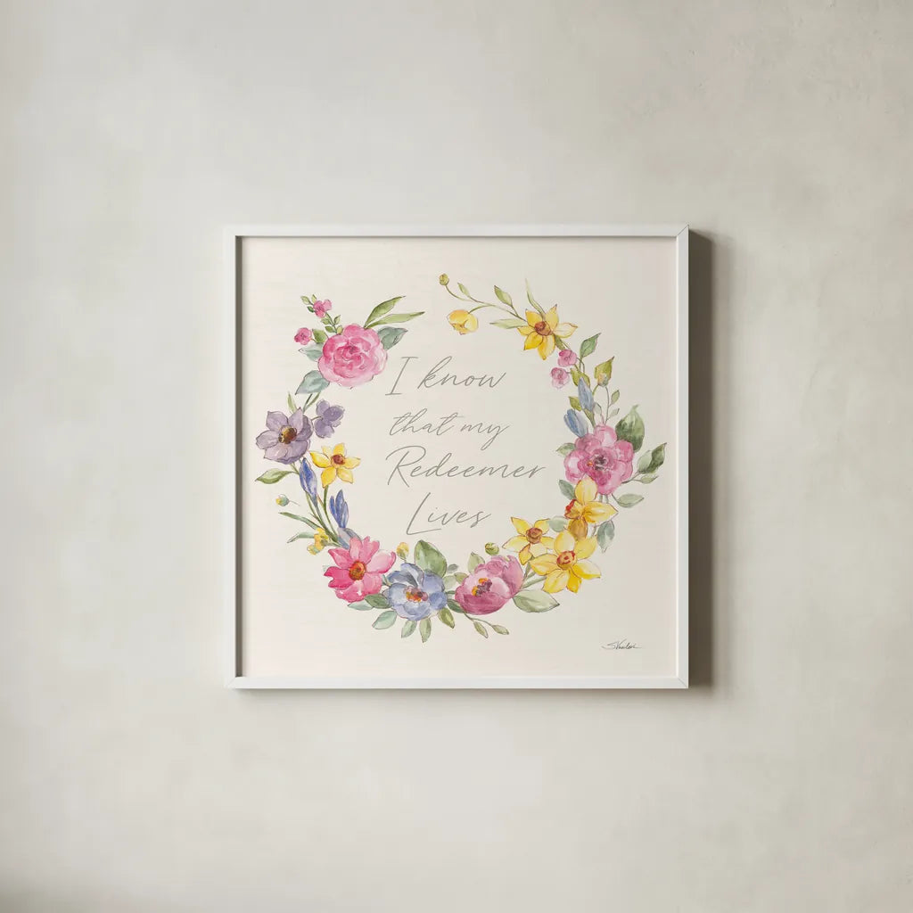 Happy Easter V Redeemer by Silvia Vassileva. Shown in a crisp white glass frame for a clean and minimalist style. Available as an archival giclee rolled canvas, fine art paper, or poster print. SKU 71499a.