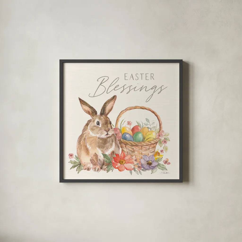 Happy Easter VI by Silvia Vassileva. Shown in a sleek black glass frame for a contemporary gallery look. Available as an archival giclee rolled canvas, fine art paper, or poster print. SKU 69793a.