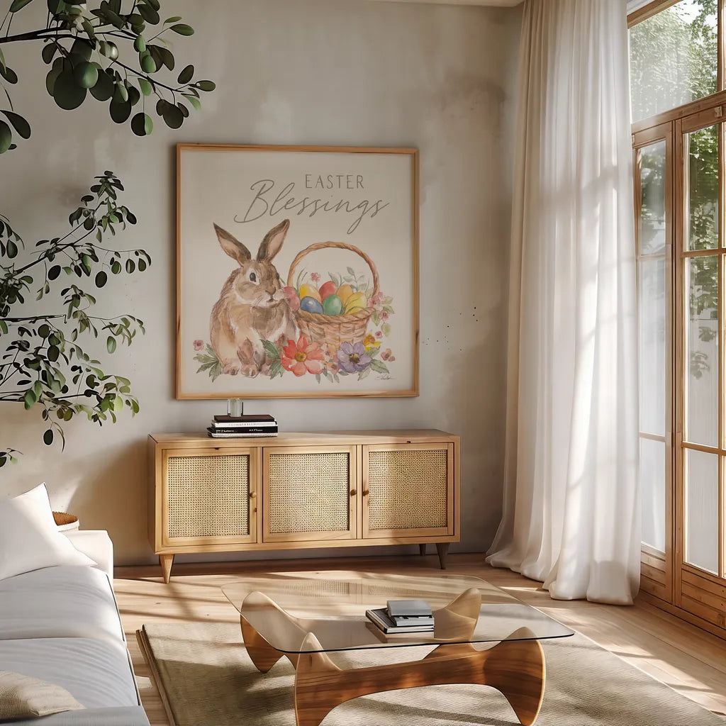 Happy Easter VI by Silvia Vassileva. Shown in a natural wood frame in a cozy modern living room. Available as an archival giclee rolled canvas, fine art paper, or poster print. SKU 69793a.