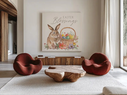 Happy Easter VI by Silvia Vassileva. Shown as extra-large giant wall art in a modern living room. Available as an archival giclee rolled canvas, fine art paper, or poster print. SKU 69793a.