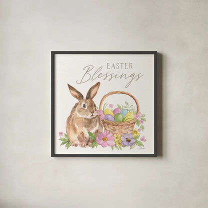 Happy Easter VI Bright by Silvia Vassileva. Shown in a sleek black glass frame for a contemporary gallery look. Available as an archival giclee rolled canvas, fine art paper, or poster print. SKU 71345a.