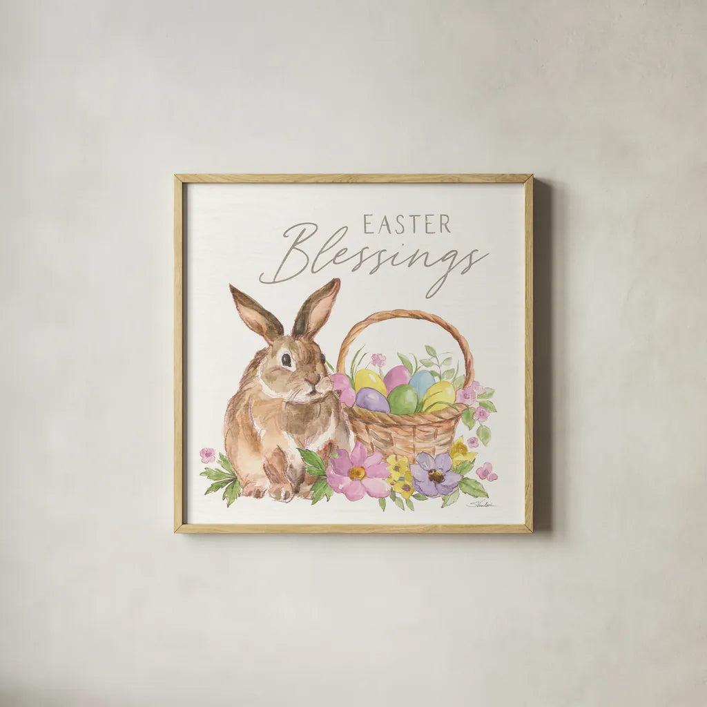 Happy Easter VI Bright by Silvia Vassileva. Shown in a natural wood glass frame for a timeless modern aesthetic. Available as an archival giclee rolled canvas, fine art paper, or poster print. SKU 71345a.