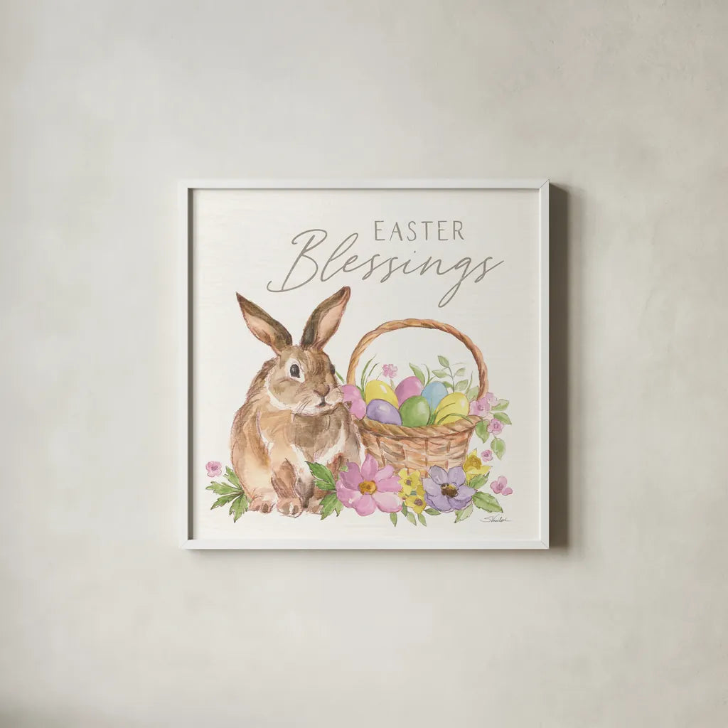 Happy Easter VI Bright by Silvia Vassileva. Shown in a crisp white glass frame for a clean and minimalist style. Available as an archival giclee rolled canvas, fine art paper, or poster print. SKU 71345a.