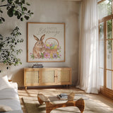 Happy Easter VI Bright by Silvia Vassileva. Shown in a natural wood frame in a cozy modern living room. Available as an archival giclee rolled canvas, fine art paper, or poster print. SKU 71345a.