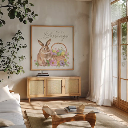 Happy Easter VI Bright by Silvia Vassileva. Shown in a natural wood frame in a cozy modern living room. Available as an archival giclee rolled canvas, fine art paper, or poster print. SKU 71345a.
