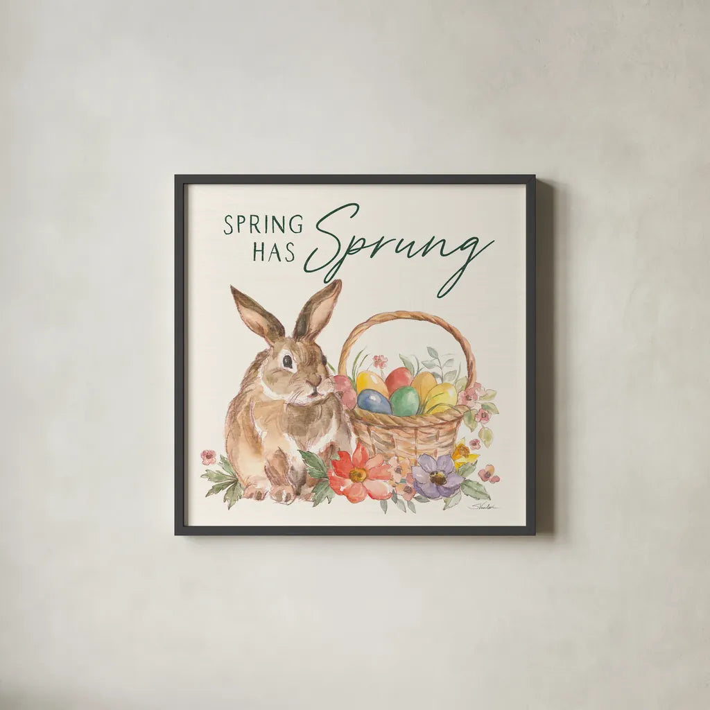 Happy Easter VI Spring Pineneedle Green by Silvia Vassileva. Shown in a sleek black glass frame for a contemporary gallery look. Available as an archival giclee rolled canvas, fine art paper, or poster print. SKU 70506a.