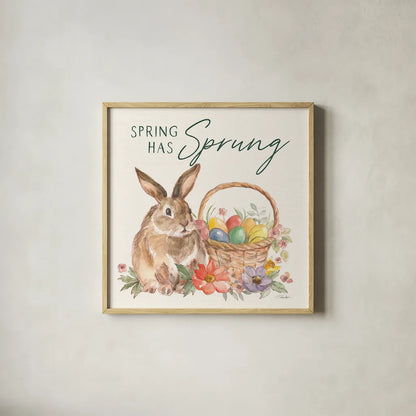 Happy Easter VI Spring Pineneedle Green by Silvia Vassileva. Shown in a natural wood glass frame for a timeless modern aesthetic. Available as an archival giclee rolled canvas, fine art paper, or poster print. SKU 70506a.