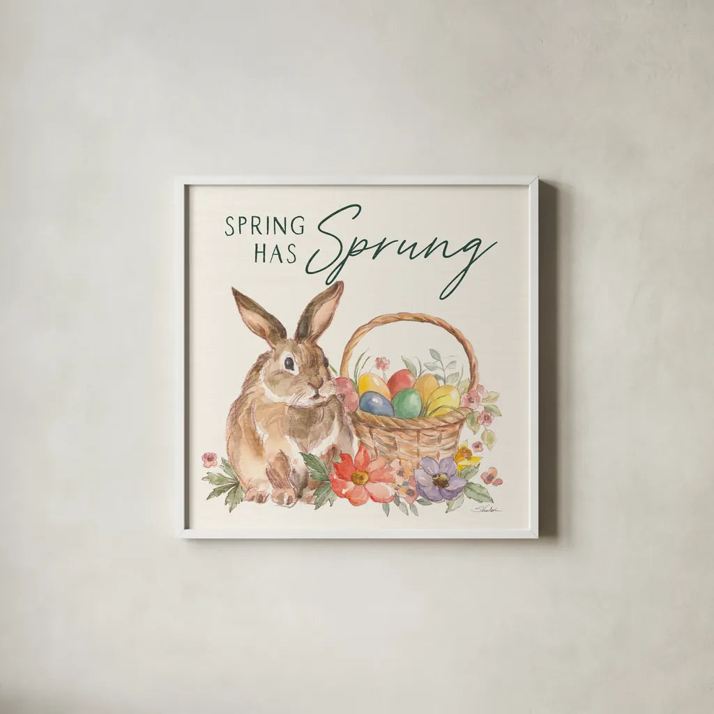 Happy Easter VI Spring Pineneedle Green by Silvia Vassileva. Shown in a crisp white glass frame for a clean and minimalist style. Available as an archival giclee rolled canvas, fine art paper, or poster print. SKU 70506a.