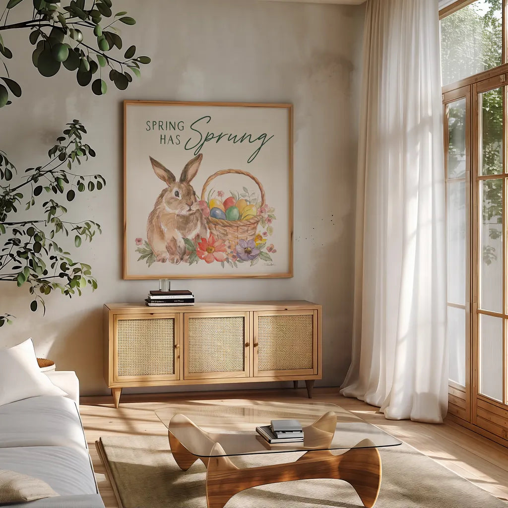 Happy Easter VI Spring Pineneedle Green by Silvia Vassileva. Shown in a natural wood frame in a cozy modern living room. Available as an archival giclee rolled canvas, fine art paper, or poster print. SKU 70506a.