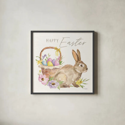 Happy Easter VII Bright by Silvia Vassileva. Shown in a sleek black glass frame for a contemporary gallery look. Available as an archival giclee rolled canvas, fine art paper, or poster print. SKU 71346a.