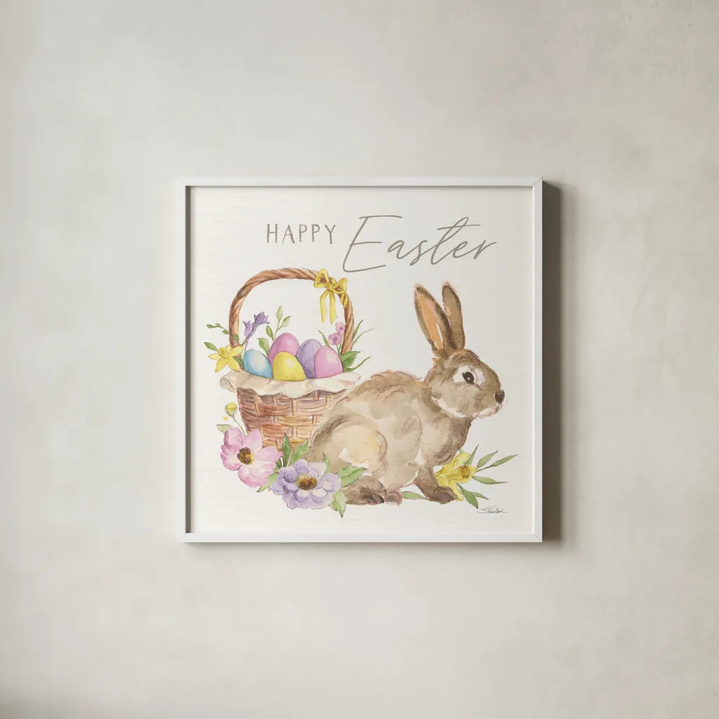Happy Easter VII Bright by Silvia Vassileva. Shown in a crisp white glass frame for a clean and minimalist style. Available as an archival giclee rolled canvas, fine art paper, or poster print. SKU 71346a.