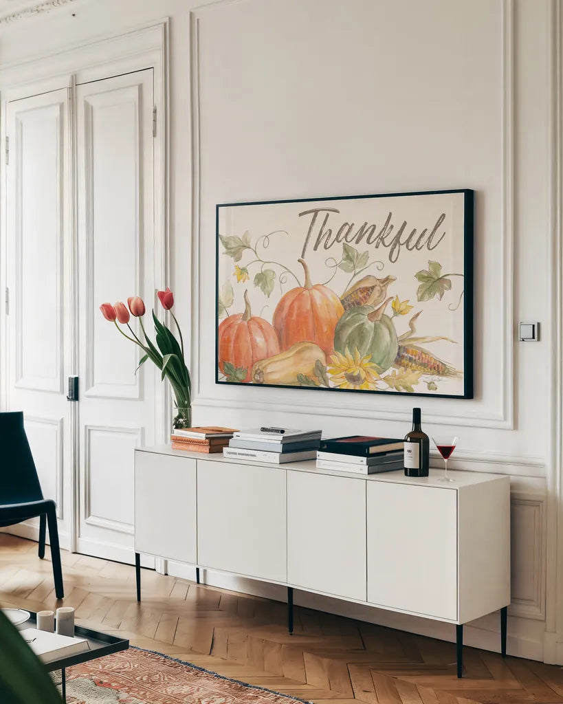 Happy Harvest I by Silvia Vassileva. shown as a framed stretched canvas in a living room above a console. Available as a archival giclee rolled canvas, fine art paper, or poster print. SKU 69086i.