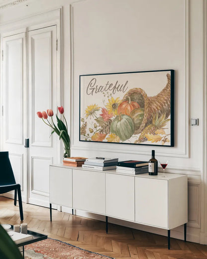 Happy Harvest II by Silvia Vassileva. shown as a framed stretched canvas in a living room above a console. Available as a archival giclee rolled canvas, fine art paper, or poster print. SKU 69087i.