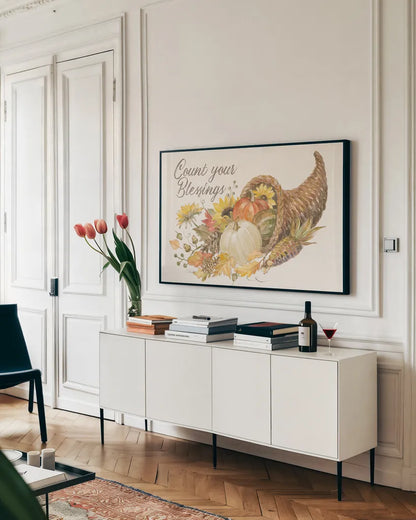 Happy Harvest II v2 by Silvia Vassileva. shown as a framed stretched canvas in a living room above a console. Available as a archival giclee rolled canvas, fine art paper, or poster print. SKU 94604i.
