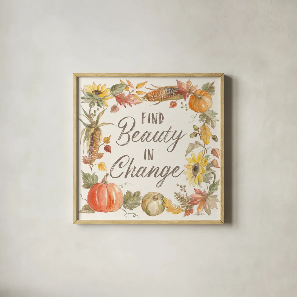 Happy Harvest III by Silvia Vassileva. Shown in a natural wood glass frame for a timeless modern aesthetic. Available as an archival giclee rolled canvas, fine art paper, or poster print. SKU 69088a.