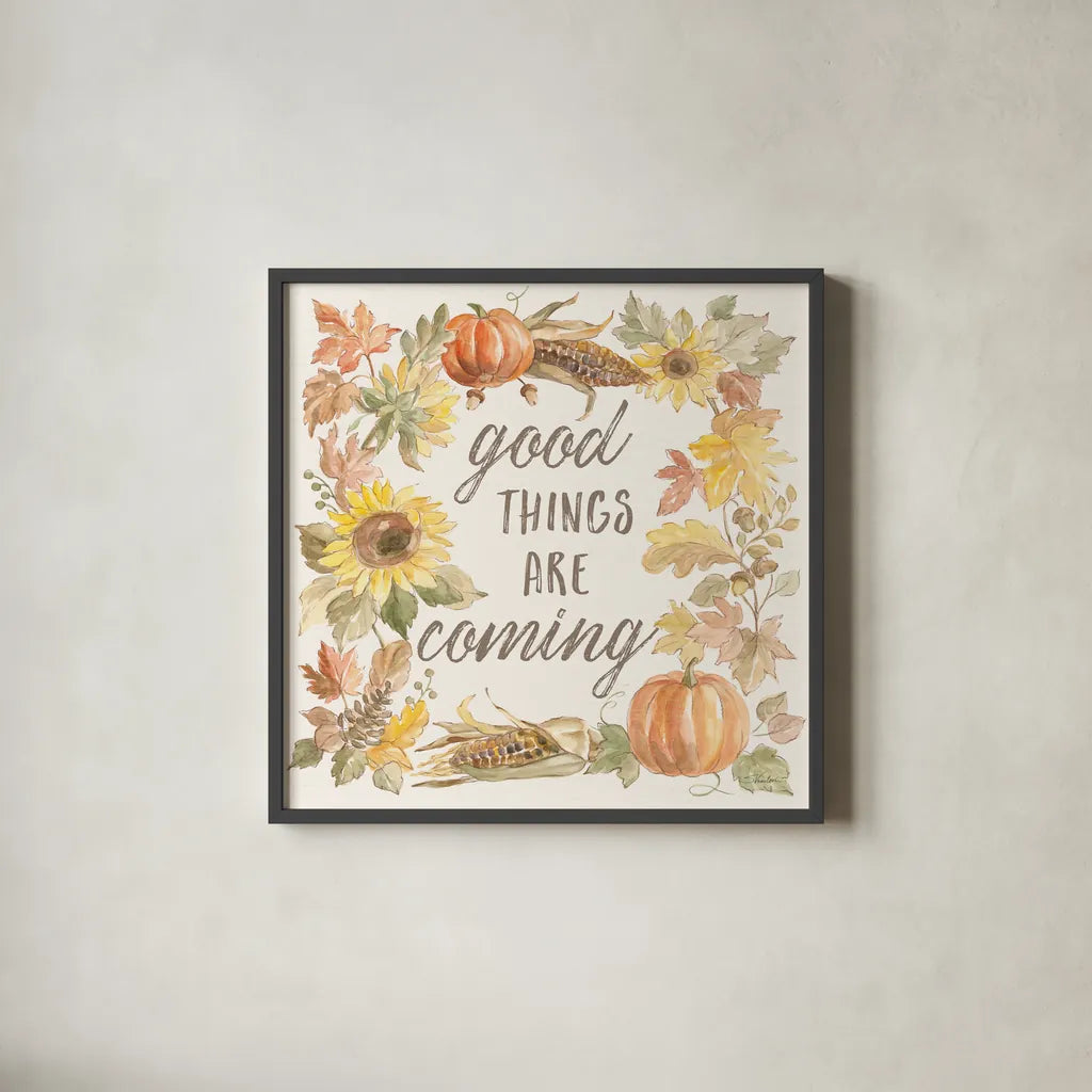 Happy Harvest IV by Silvia Vassileva. Shown in a sleek black glass frame for a contemporary gallery look. Available as an archival giclee rolled canvas, fine art paper, or poster print. SKU 69089a.