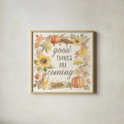 Happy Harvest IV by Silvia Vassileva. Shown in a natural wood glass frame for a timeless modern aesthetic. Available as an archival giclee rolled canvas, fine art paper, or poster print. SKU 69089a.