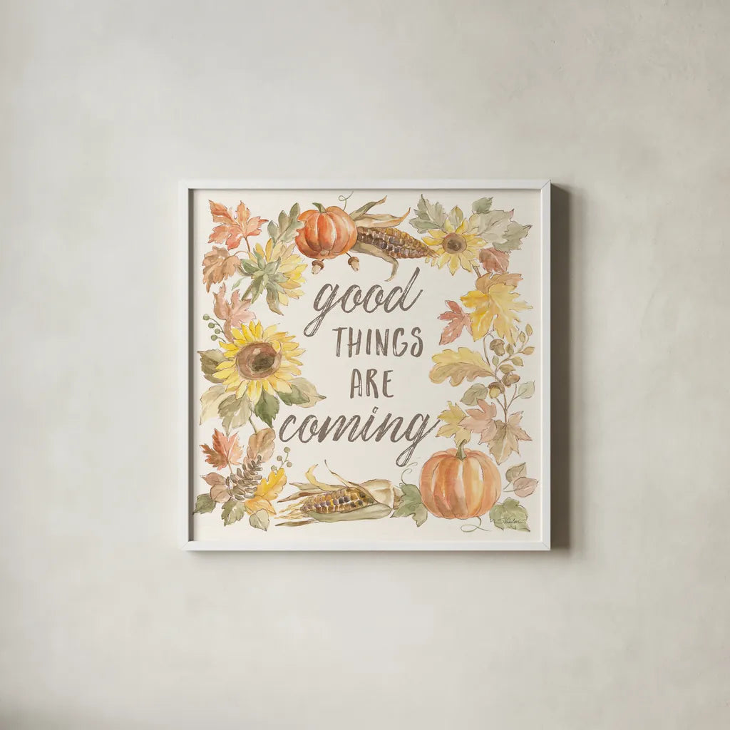 Happy Harvest IV by Silvia Vassileva. Shown in a crisp white glass frame for a clean and minimalist style. Available as an archival giclee rolled canvas, fine art paper, or poster print. SKU 69089a.