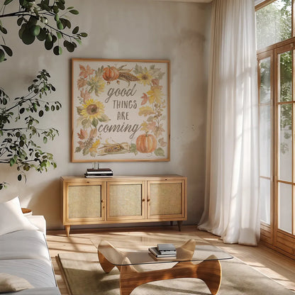 Happy Harvest IV by Silvia Vassileva. Shown in a natural wood frame in a cozy modern living room. Available as an archival giclee rolled canvas, fine art paper, or poster print. SKU 69089a.