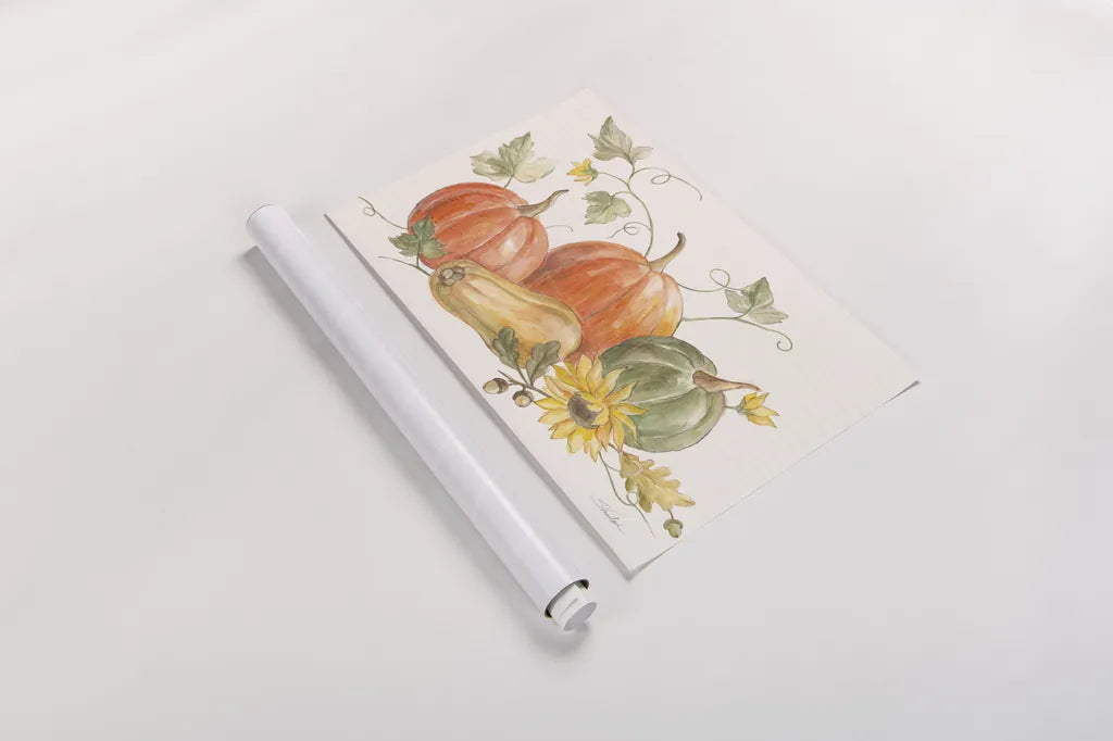 Happy Harvest Pumpkins by Silvia Vassileva. shown as a rolled paper print. Available as archival giclee rolled canvas, fine art paper, or poster print. SKU 75100i.