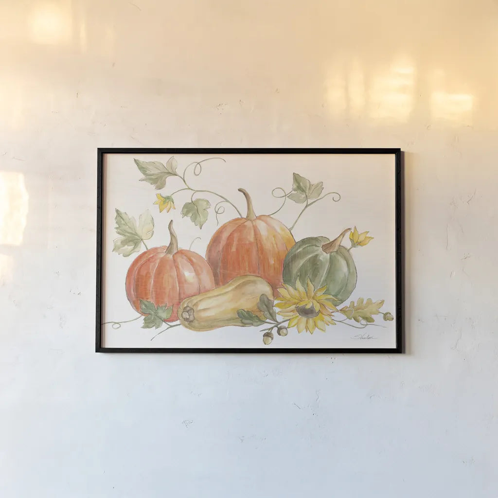 Happy Harvest Pumpkins by Silvia Vassileva. shown as a paper print in a black flame. Available as a archival giclee rolled canvas, fine art paper, or poster print. SKU 75100i.