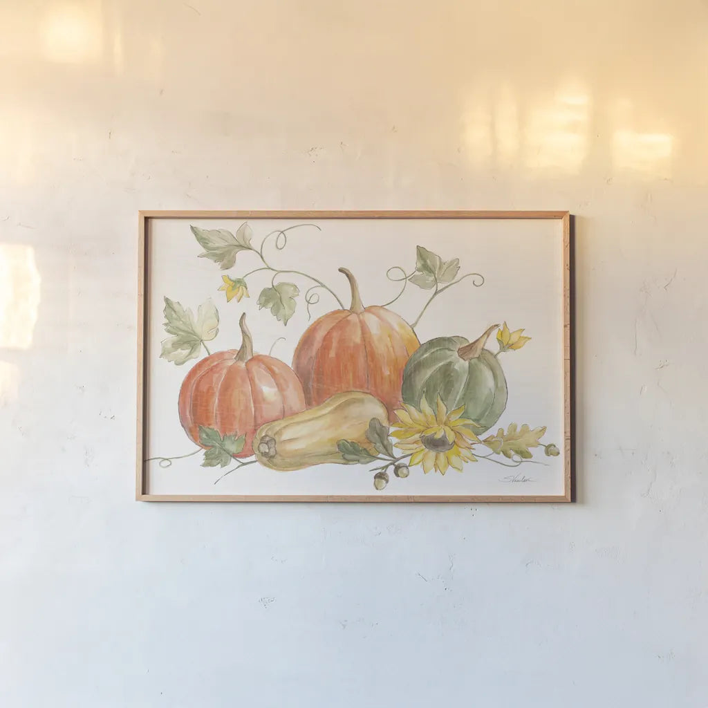 Happy Harvest Pumpkins by Silvia Vassileva. shown as a paper print in a natural frame. Available as a archival giclee rolled canvas, fine art paper, or poster print. SKU 75100i.